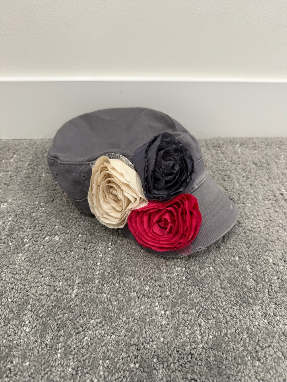 Gray Floral Military Cap with Red, Cream & Black Roses